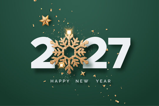 White 2027 numbers appear with a glittering gold snowflake, stars and confetti on a dark green background. Concept of New Year celebration and winter holiday greeting