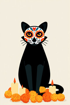 Black Cat With Mexican Skull Face and Marigolds