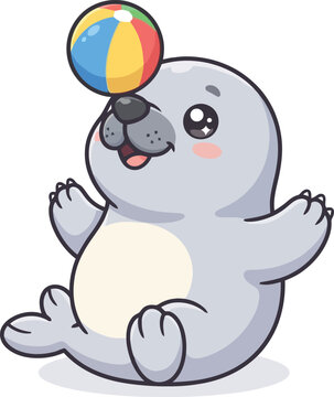 A cute cartoon seal balancing a colorful beach ball on its nose.