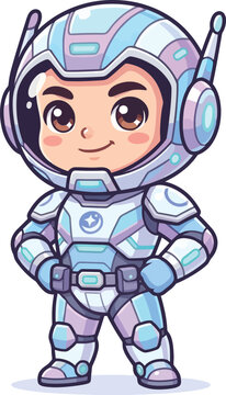 A cute cartoon astronaut character wearing a futuristic white and blue space suit.