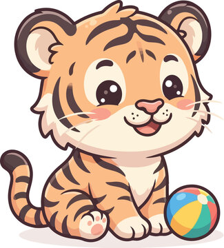 A cute cartoon tiger cub sitting and playing with a colorful ball.