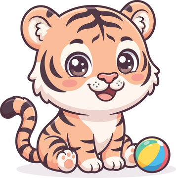 A cute cartoon tiger cub sitting happily with a colorful ball.