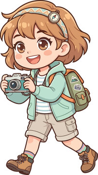 Cheerful young girl explorer holding a camera while hiking.