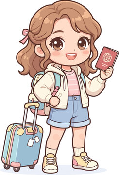 Cute anime girl traveler holding a passport with luggage and backpack.