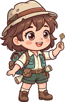 Cute cartoon explorer girl holding a golden key for adventure.