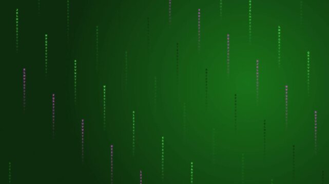 Green matrix digital background, falling binary code data stream, abstract technology motion graphics for cyber security and coding