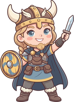 A cute chibi viking warrior holding a sword and shield.