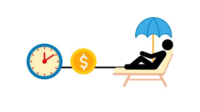 Holiday pay concept showing money moving between a clock icon and a person relaxing on a beach chair, symbolizing paid time off, vacation benefits, and financial support during holidays.