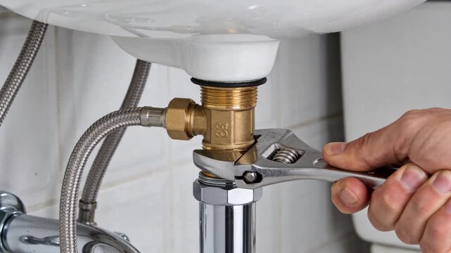 A person uses an adjustable wrench to tighten a brass plumbing fitting beneath a bathroom sink.