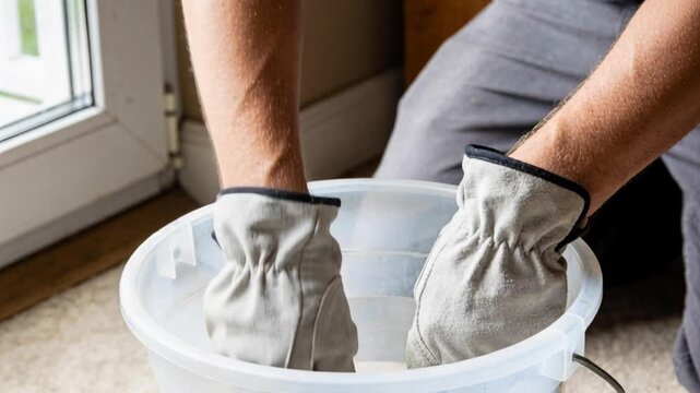A person wearing heavy leather work gloves carefully places a black snake into a plastic bucket.
