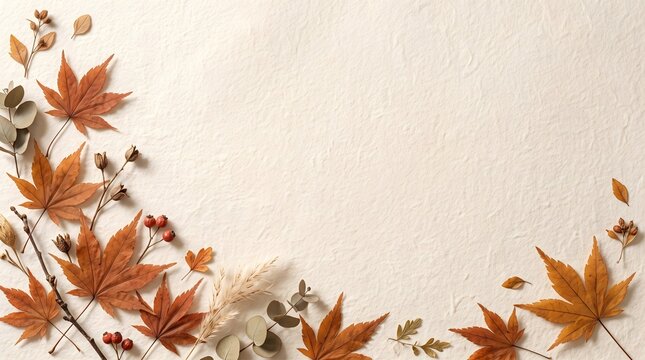 Top view of dried autumn leaves arranged in a dense bottom border on a white textured paper background with ample copy space.
