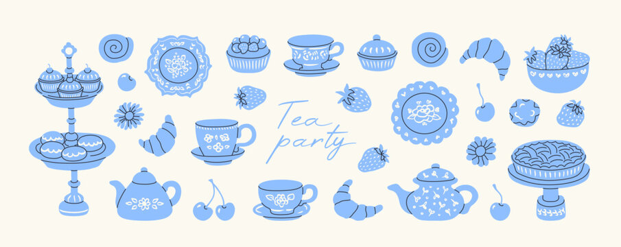 Tea party blue hand drawn illustrations. Afternoon tea. Teapots, cups, dessert, croissant, pie, cake, cherry, dessert table, strawberry. Vector aesthetics illustration for menu, card, invitation.