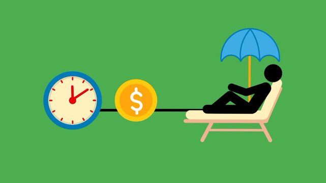 Holiday pay concept showing money moving between a clock icon and a person relaxing on a beach chair, symbolizing paid time off, vacation benefits, and financial support during holidays.