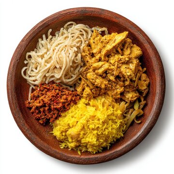 Sri Lankan lunch menu with string hoppers chicken curry isolated on a white background
