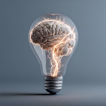 A human brain glows inside a glass light bulb with electrical energy sparks. Symbolizes creative thinking and innovative ideas for business strategy.