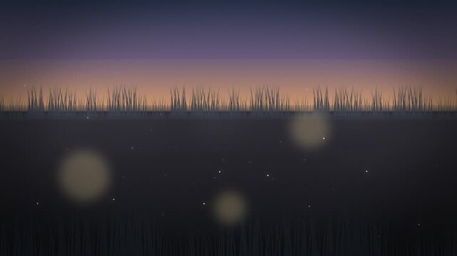 Glowing orbs over tranquil night landscape. 2d animation