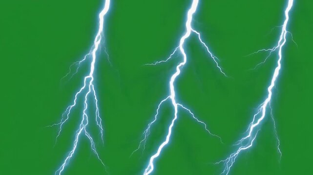 Three Bright White Lightning Bolts Flashing on Green Screen Background