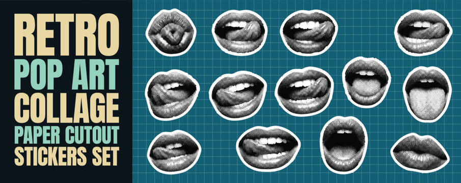Retro pop art collage paper cutout sticker set with numerous mouth poses lips expressions and tongue shapes isolated on dark teal grid background for artistic design projects and digital graphics kit