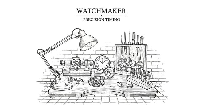 Watchmaker workshop with clock tools.