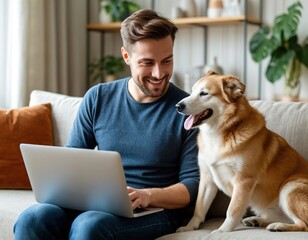 Fototapeta na wymiar A man works with a laptop at home on the sofa and pets a dog