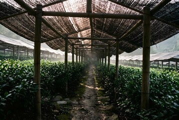Fototapeta premium Rows of tea bushes covered by traditional shading canopies, dark woven shade cloth stretched over bamboo frames filtering sunlight into soft dappled shafts.