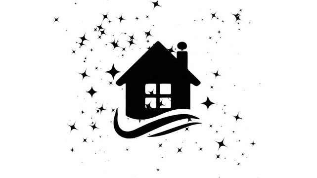 Multiple black house icons with sparkling stars on white background