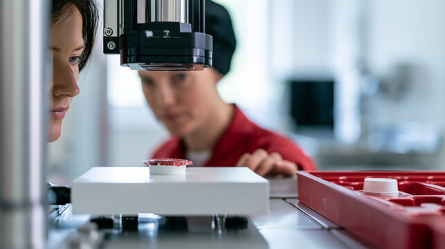 Female quality control inspector observing a sealed yogurt cup undergoing package integrity testing with industrial sensor equipment inside dairy plant