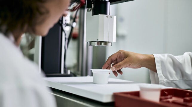 Quality assurance technician monitoring automated cup seal inspection machinery in cleanroom food processing environment