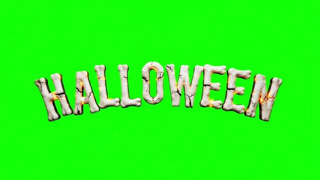 Halloween text made of bones on a bright green screen chroma key background