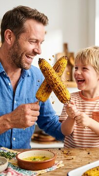 Father and son laughing with grilled corn skewers in kitchen setting during meal preparation time