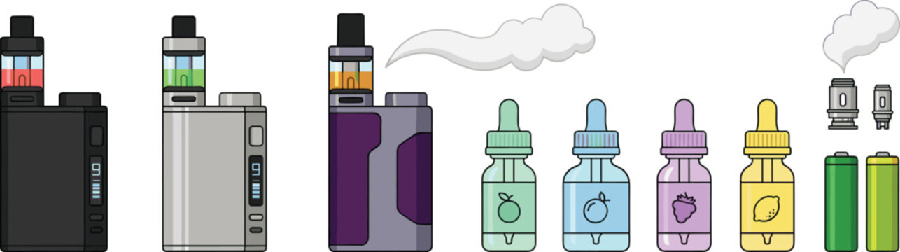 Electronic Vape Mod Collection with E Liquid Bottles Replacement Coils Vapor Clouds and Colorful Vaping Accessories Vector Illustration