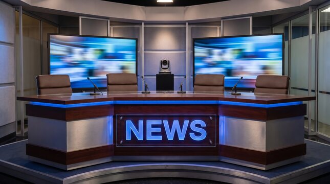 Contemporary newsroom featuring sleek 'NEWS' anchor desk, professional television studio, modern journalism atmosphere