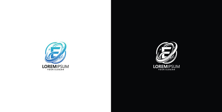 Modern letter E logo with digital orbit swirls for tech branding on white and black backgrounds