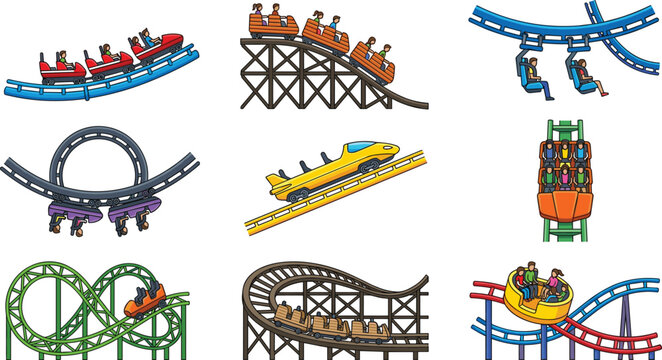 Roller Coaster Ride Collection with Looping Tracks Wooden Coasters Suspended Cars and Colorful Amusement Park Attractions Vector Illustration