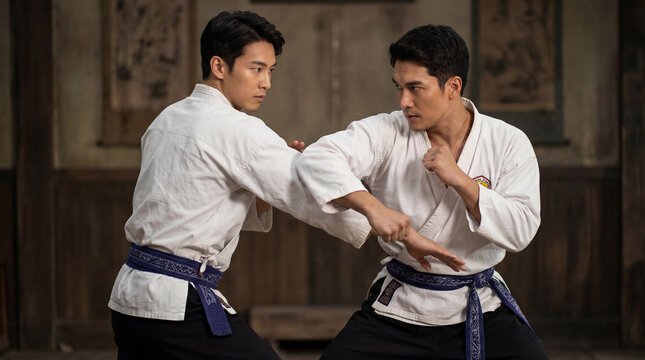 Two Asian men fight in martial art tournament