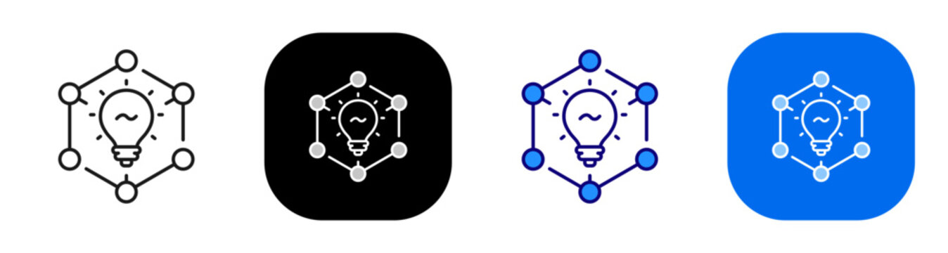 Lightbulb connected to nodes for idea network innovation and knowledge sharing. Line, filled, black, color set. Editable stroke