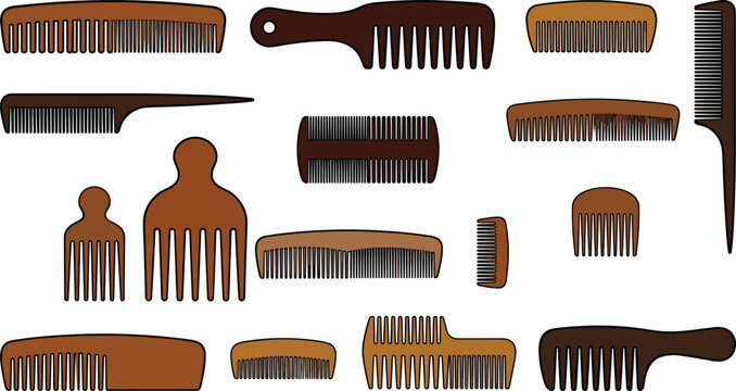 Wooden Hair Comb Collection with Wide Tooth Styling Combs Afro Picks Rat Tail Combs and Grooming Accessories Vector Illustration