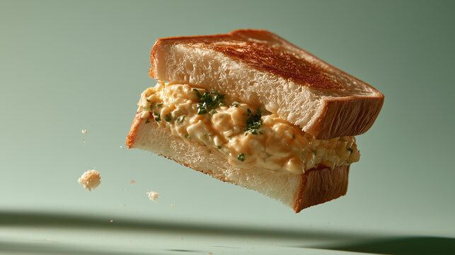 A delicious Japanese fluffy egg tamago sando sandwich floating in the air, captured in a dynamic perspective. The sandwich features soft white milk bread with trimmed crusts, a thick creamy egg salad 