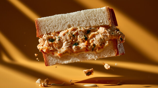 Japanese tuna mayo sando sandwich floating, striped mustard background 3D render &mdash; perfect for Japanese food branding, bakery menu design, and bold sandwich packaging marketing