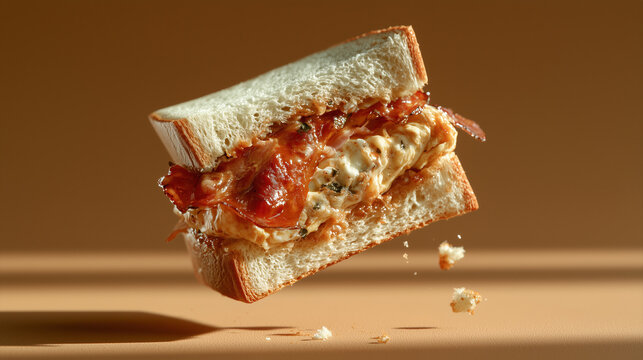 Japanese ham and egg sando sandwich floating, caramel brown background 3D render &mdash; perfect for Japanese food branding, breakfast sandwich marketing, and bakery menu design
