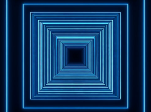 Abstract background with glowing blue neon squares forming a tunnel or portal effect, creating a sense of depth and infinite perspective