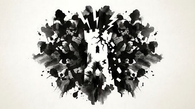 Black Ink Rorschach Psychological Test Showing A Symmetrical Castle Tower Concept Created With Flowing Liquid Pigments Representing Mental Perception Patterns And Artistic Expressions Of Human