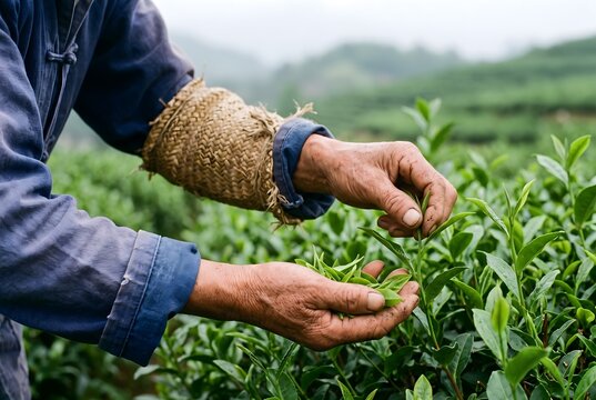 Close-up of weathered hands of a tea picker gently plucking the top two leaves and a bud from a tea bush, faded indigo cotton sleeves and simple woven arm covers, no face visible.