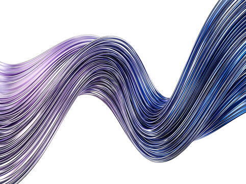 Abstract wave of flowing metallic lines with a purple to blue gradient isolated on white background