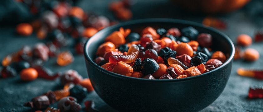 Indulgent snack moment vibrant orange, red, and black gummy candies overflow a matte dark bowl on a slate surface, evoking Halloween treats, party snacking, and bold confectionery design.