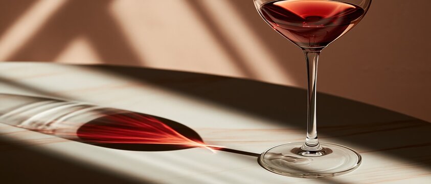 Luxury wine moment captured in warm backlight a crystal stem glass casts a jewel toned red shadow across a curved marble surface, evoking indulgence and sophisticated dining.