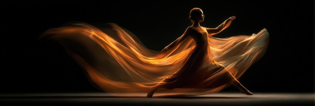 Graceful female dancer midmovement, dramatic golden fabric billowing like flame against deep black. Perfect for luxury brand campaigns, performing arts, fashion editorials, and.