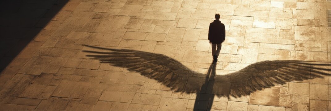 Aspirational concept of hidden potential and inner freedom lone man casts dramatic winged shadow across sunlit stone plaza, evoking ambition, spirituality, and transformation. Perfect for.