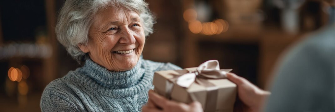 Pure joy of giving captured as elderly woman beams receiving wrapped gift box with ribbon. Perfect for holiday campaigns, retirement, family connection, and generational warmth concepts.