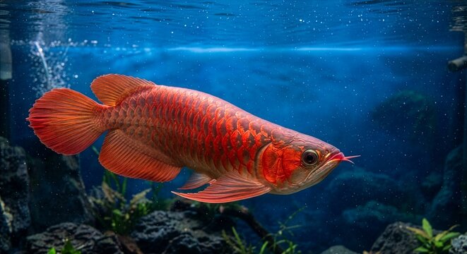 genuine Indonesian red arowana (Scleropages formosus) gracefully swimming through a spacious crystal-clear aquarium